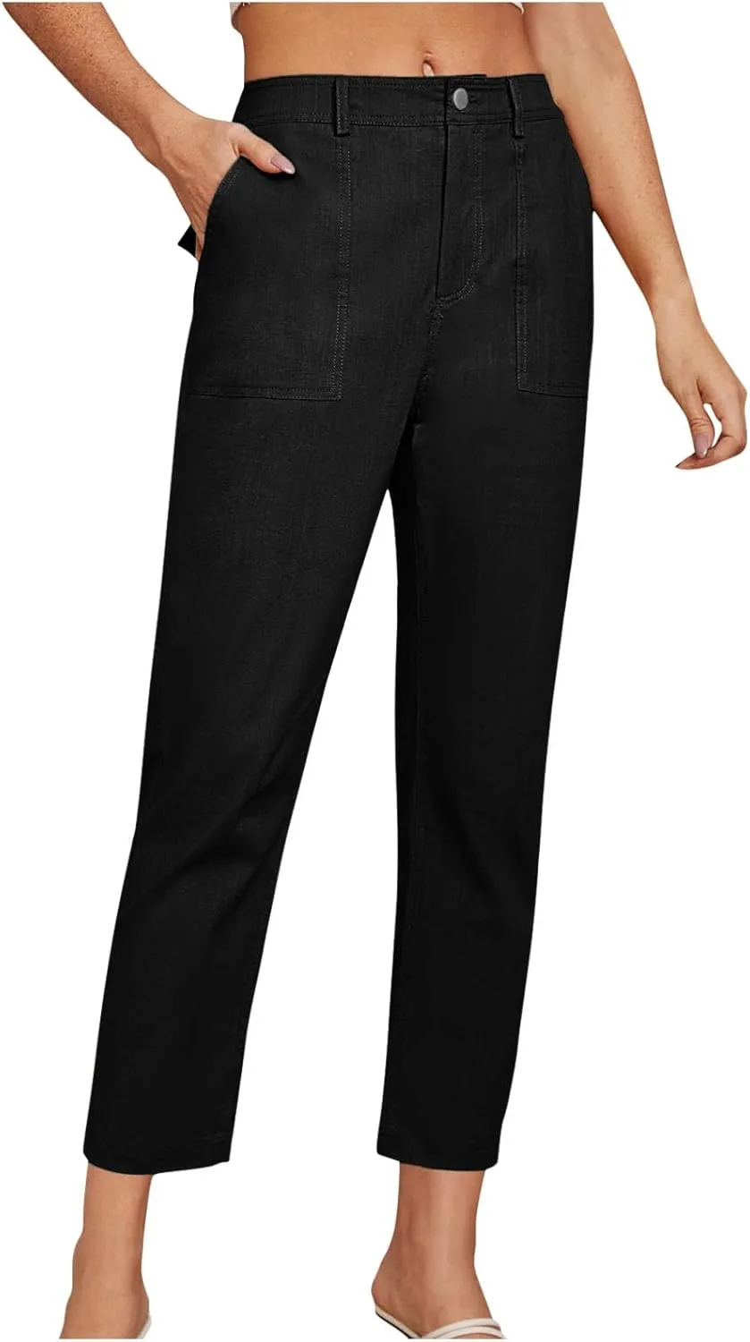 Cropped Work Pants Women High Waisted Business Casual Dress Pants Straight Ankle Length Tapered Trousers w/Pockets