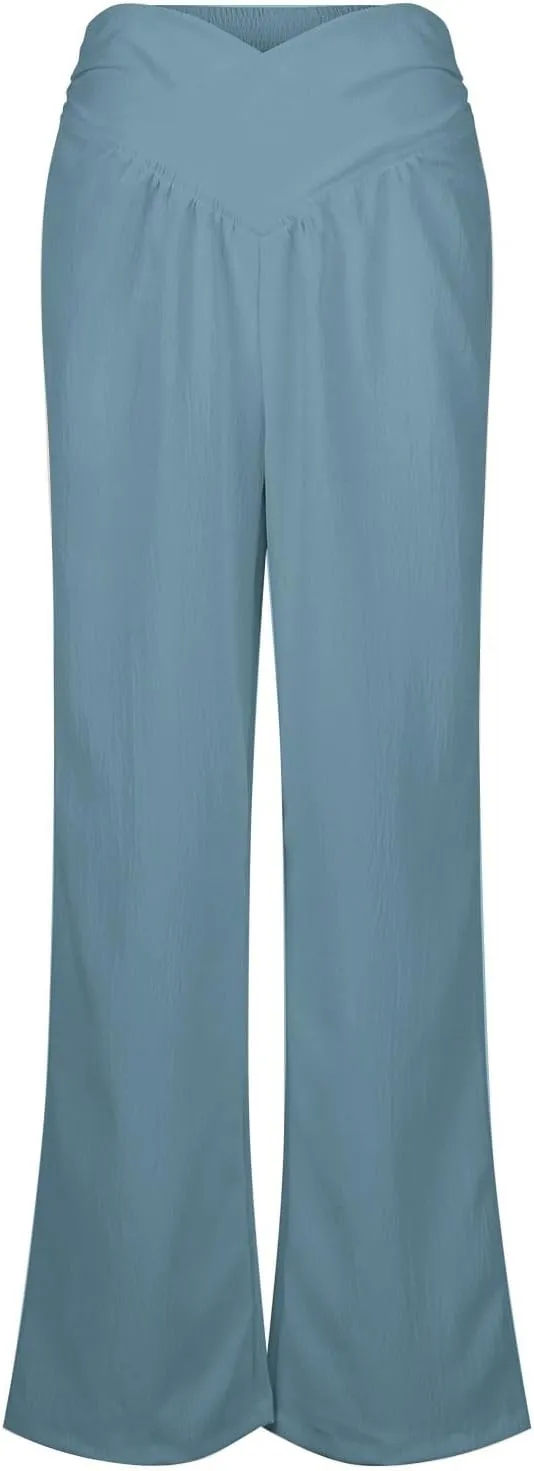 Crossover Linen Pants Women Summer Casual Loose Flowy Boho Palazzo Pants High Waisted Baggy Wide Leg Beach Trousers