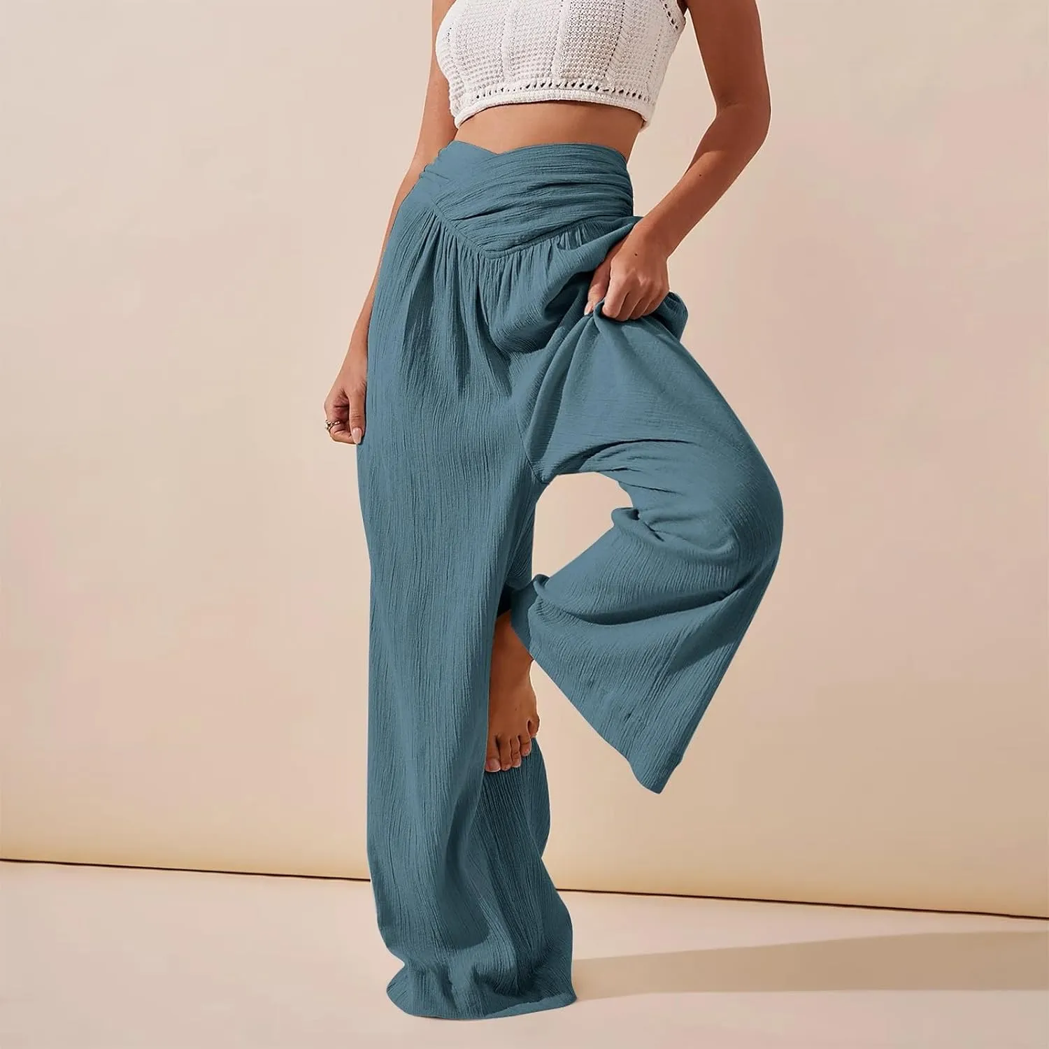 Crossover Linen Pants Women Summer Casual Loose Flowy Boho Palazzo Pants High Waisted Baggy Wide Leg Beach Trousers