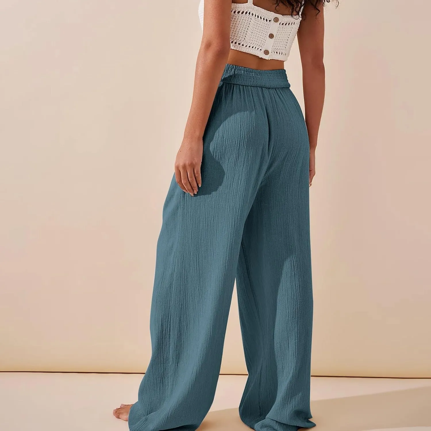 Crossover Linen Pants Women Summer Casual Loose Flowy Boho Palazzo Pants High Waisted Baggy Wide Leg Beach Trousers