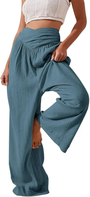 Crossover Linen Pants Women Summer Casual Loose Flowy Boho Palazzo Pants High Waisted Baggy Wide Leg Beach Trousers