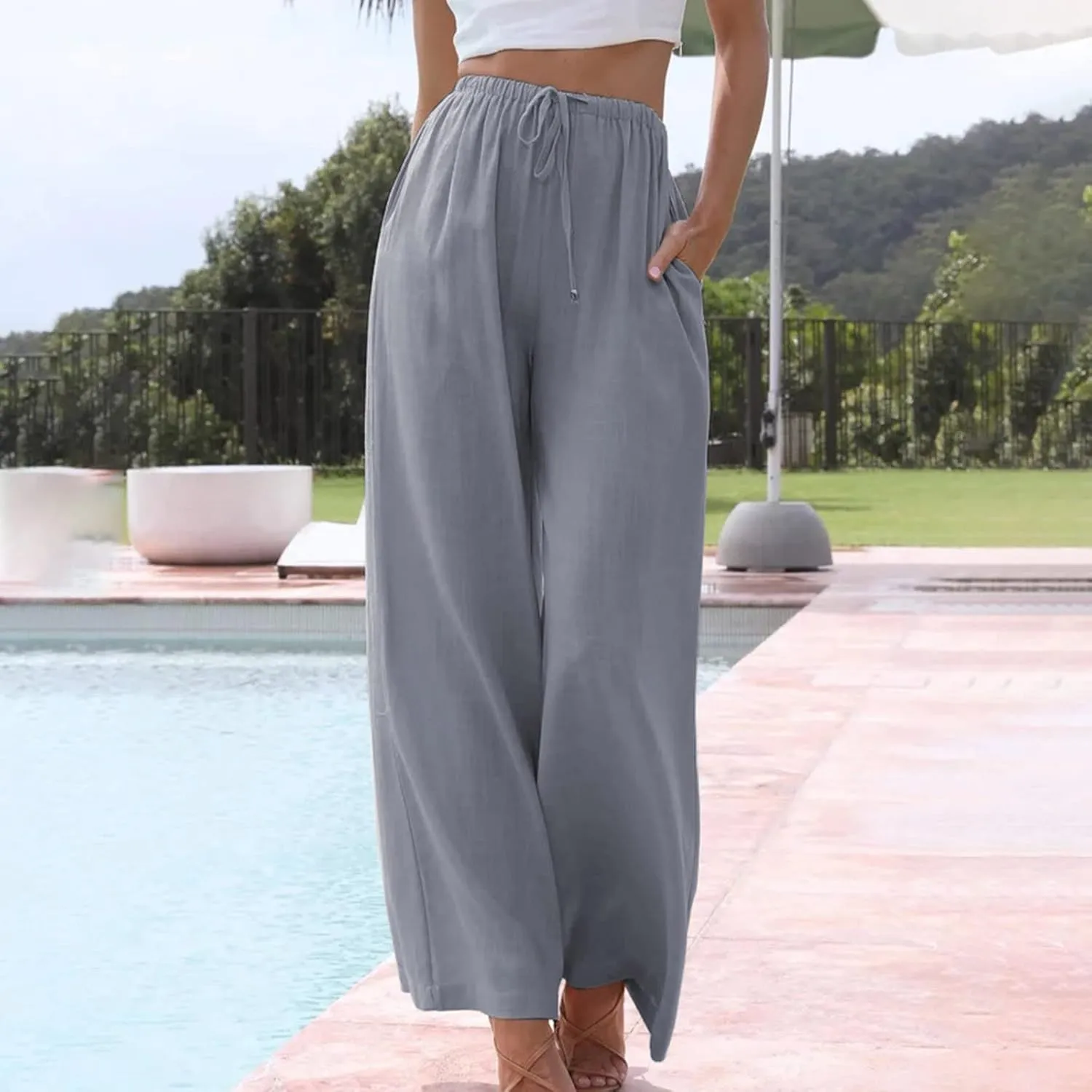 DASAYO Women's Summer Wide Leg Linen Pants Casual Beach Drawstring Long Pant Trouser Solid Loose Cute Lounge Spring Trousers