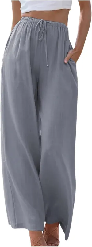 DASAYO Women's Summer Wide Leg Linen Pants Casual Beach Drawstring Long Pant Trouser Solid Loose Cute Lounge Spring Trousers