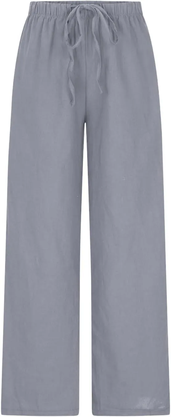 DASAYO Women's Summer Wide Leg Linen Pants Casual Beach Drawstring Long Pant Trouser Solid Loose Cute Lounge Spring Trousers