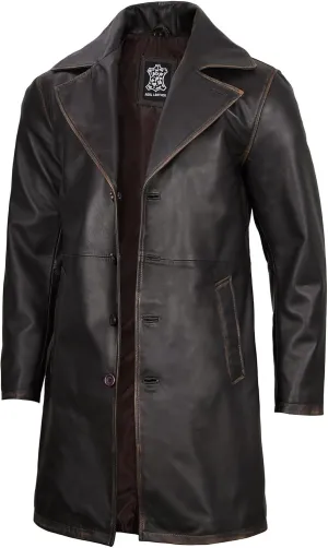 Decrum Leather Coat Men - Car Coat Style Fashion Long Leather Jacket Men