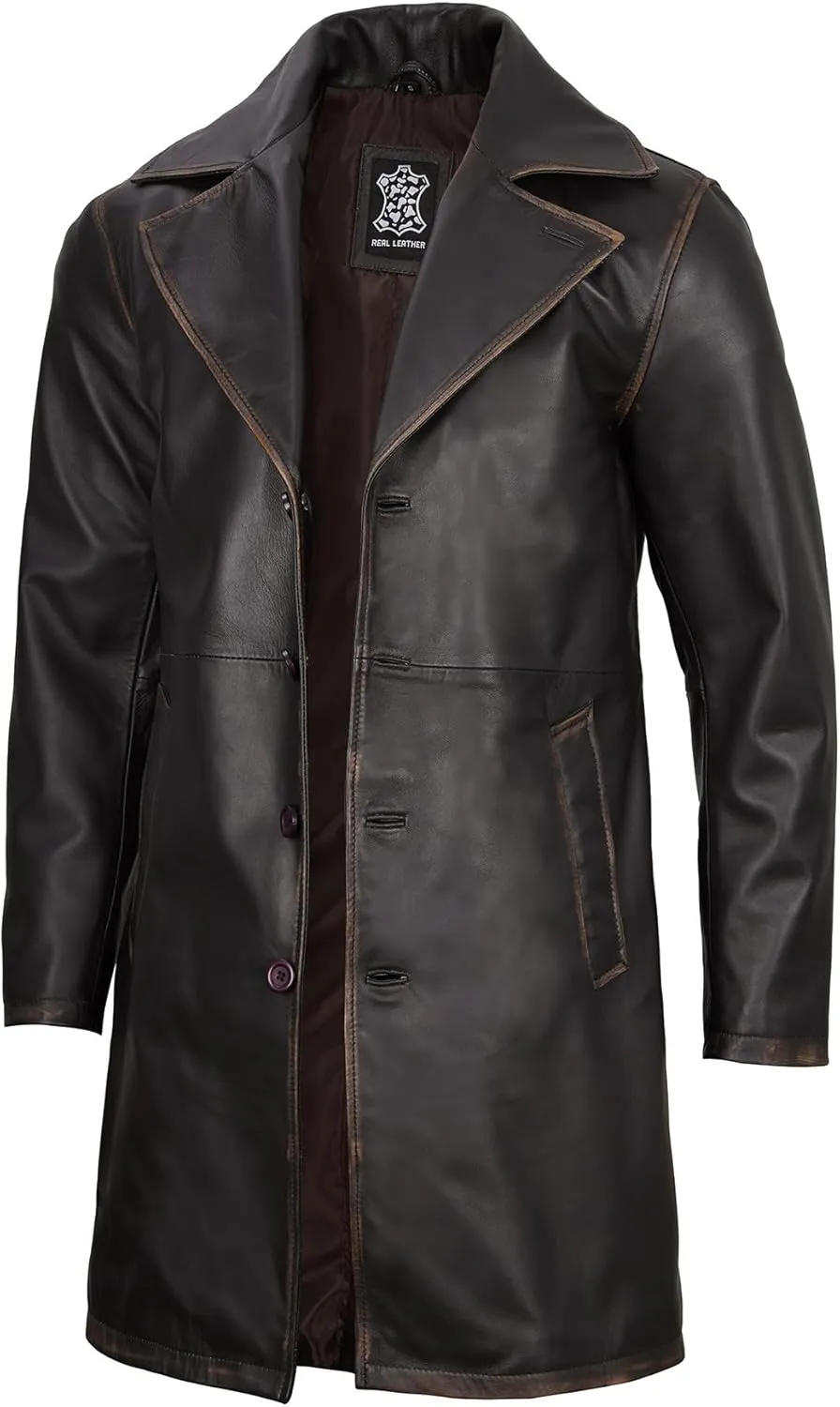 Decrum Leather Coat Men - Car Coat Style Fashion Long Leather Jacket Men