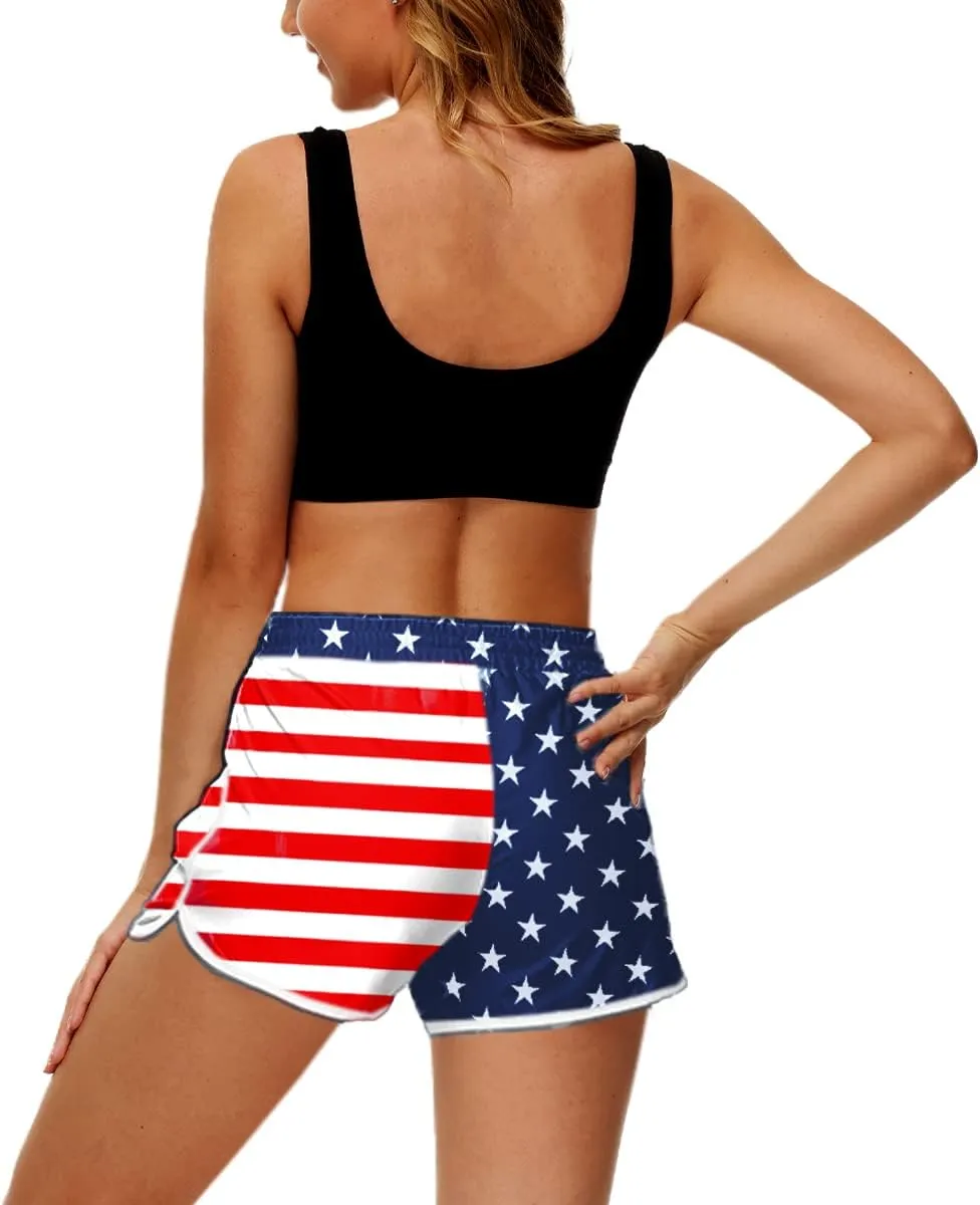 Deerose Women 4th of July Board Shorts Hawaiian Tropical Print Beach Swim Shorts with Pockets