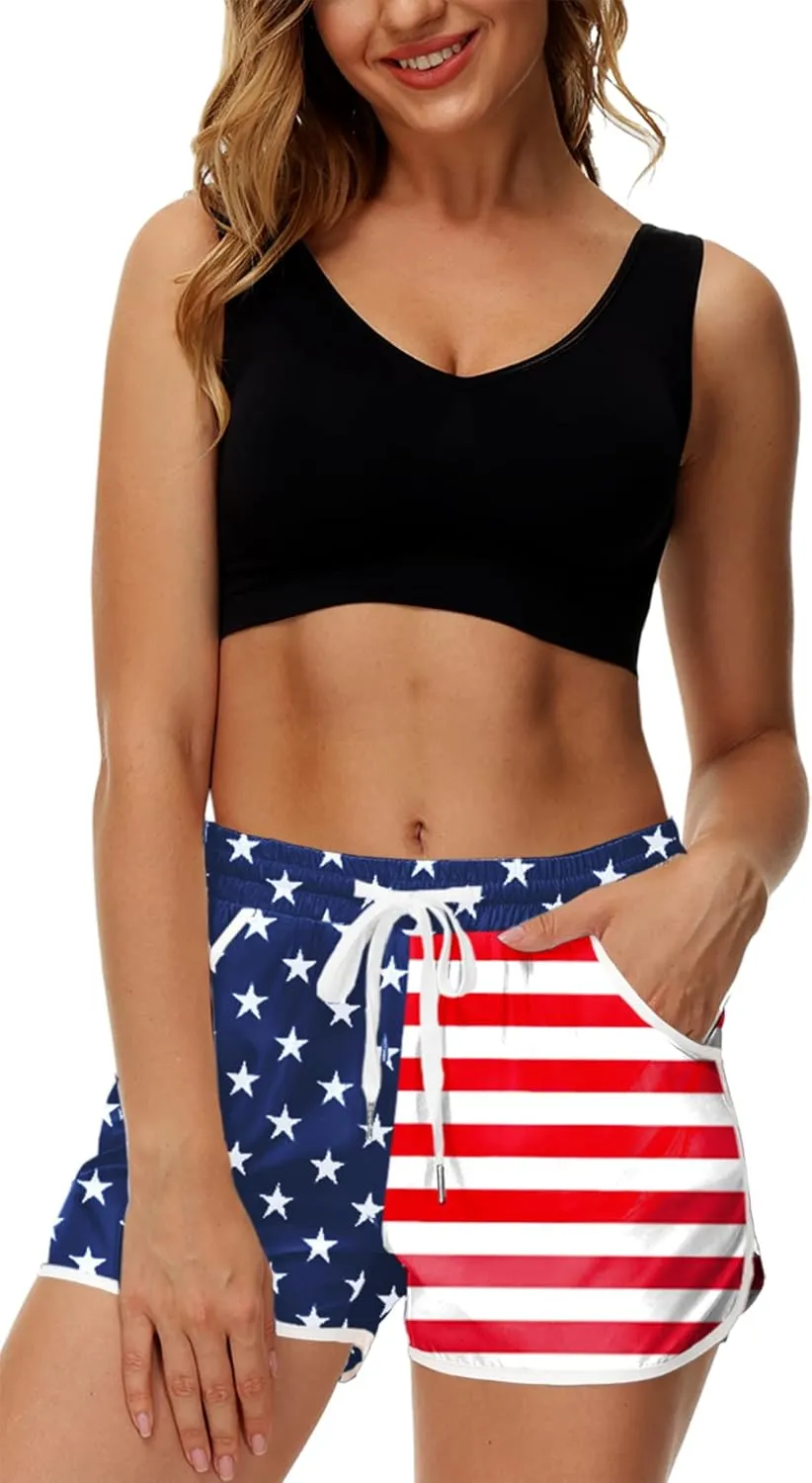 Deerose Women 4th of July Board Shorts Hawaiian Tropical Print Beach Swim Shorts with Pockets