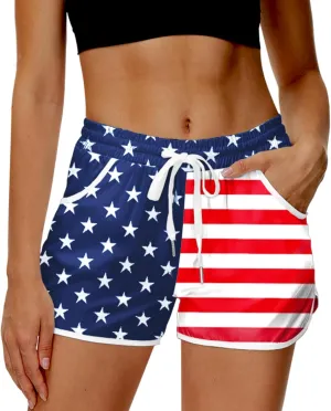 Deerose Women 4th of July Board Shorts Hawaiian Tropical Print Beach Swim Shorts with Pockets