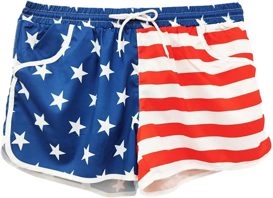 Deerose Women 4th of July Board Shorts Hawaiian Tropical Print Beach Swim Shorts with Pockets