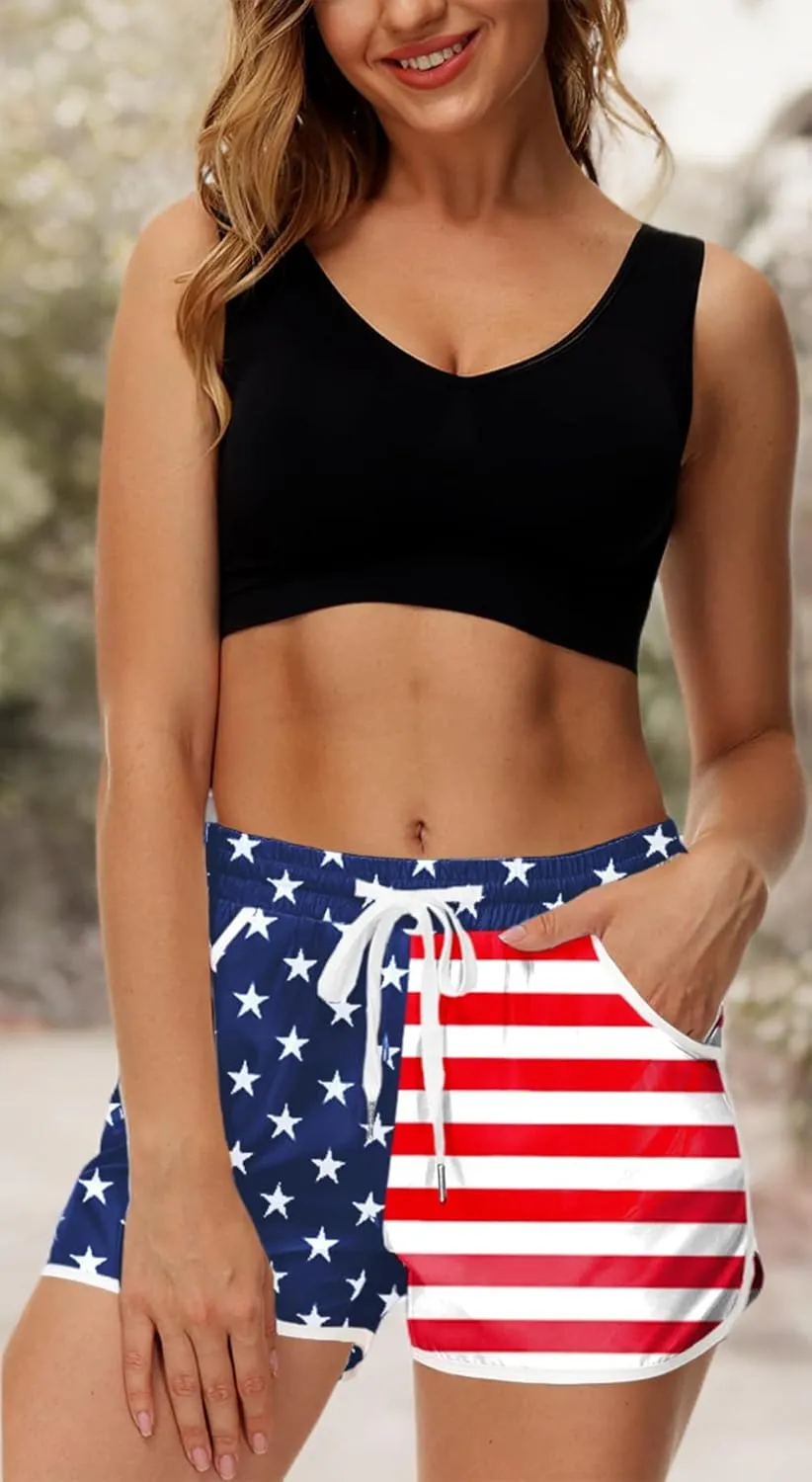 Deerose Women 4th of July Board Shorts Hawaiian Tropical Print Beach Swim Shorts with Pockets