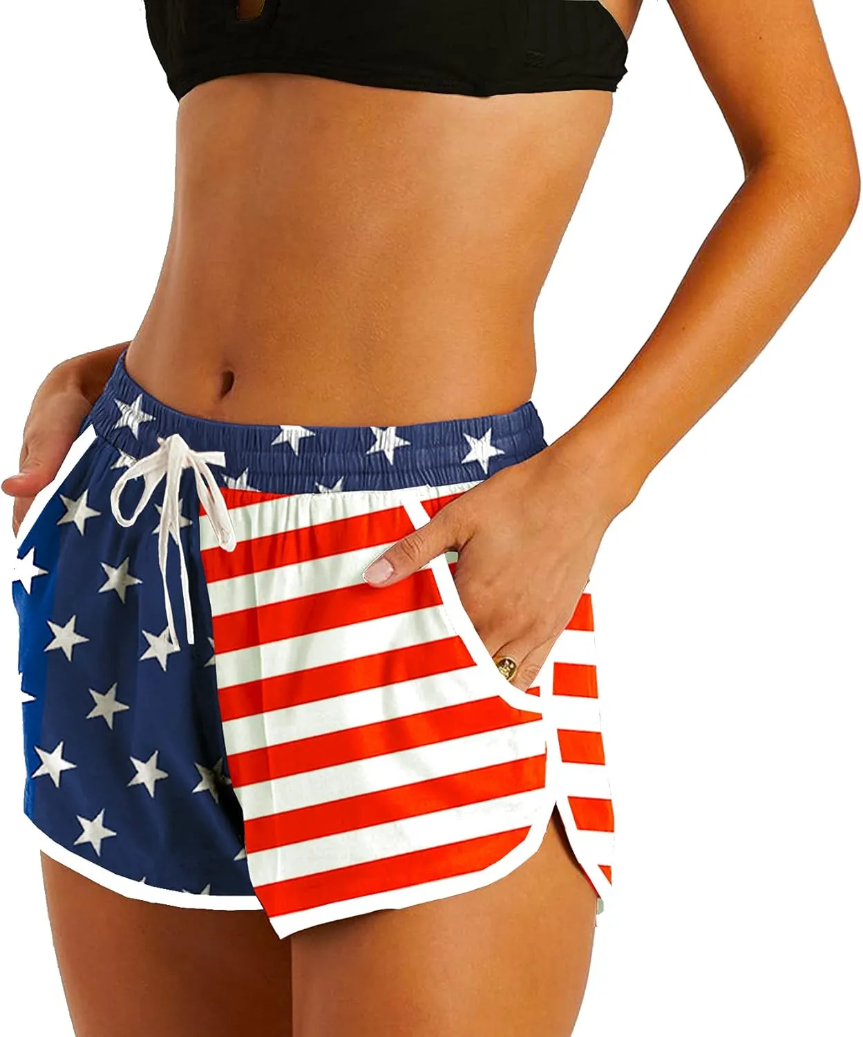 Deerose Women 4th of July Board Shorts Hawaiian Tropical Print Beach Swim Shorts with Pockets