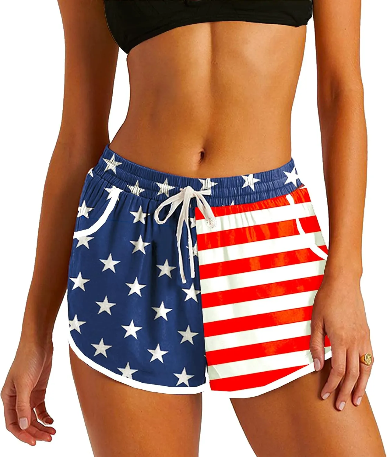 Deerose Women 4th of July Board Shorts Hawaiian Tropical Print Beach Swim Shorts with Pockets