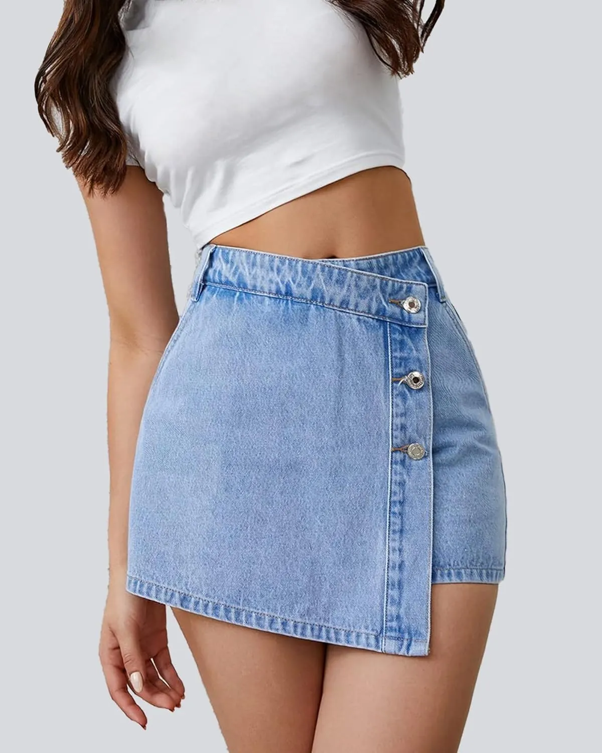 Denim Shorts Women Casual High Waisted Solid Button Up Asymmetrical Denim Jean Skort Skirt Mini Shorts.