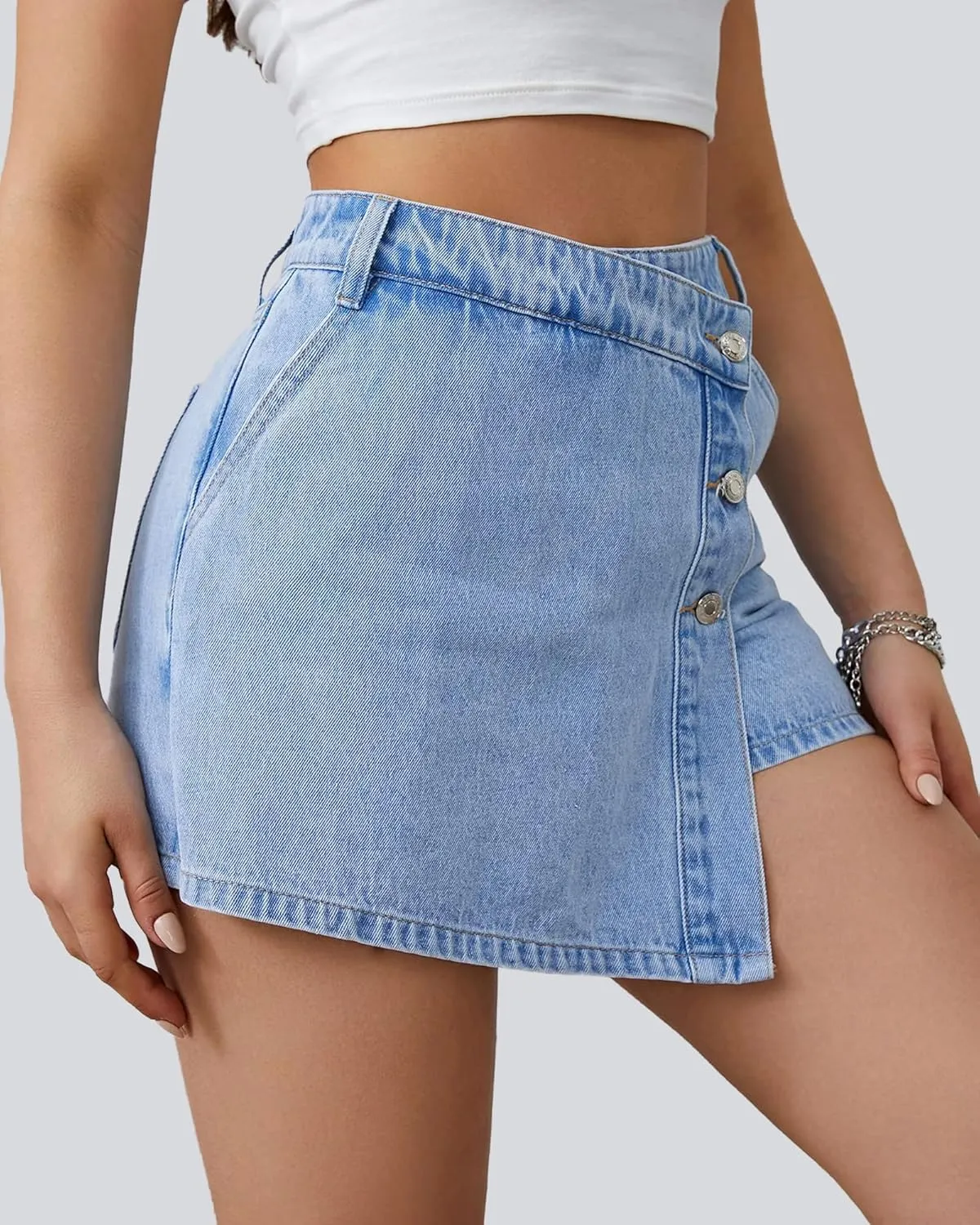 Denim Shorts Women Casual High Waisted Solid Button Up Asymmetrical Denim Jean Skort Skirt Mini Shorts.
