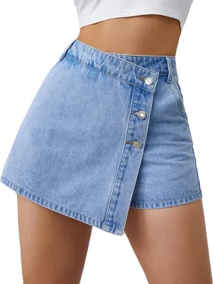 Denim Shorts Women Casual High Waisted Solid Button Up Asymmetrical Denim Jean Skort Skirt Mini Shorts.