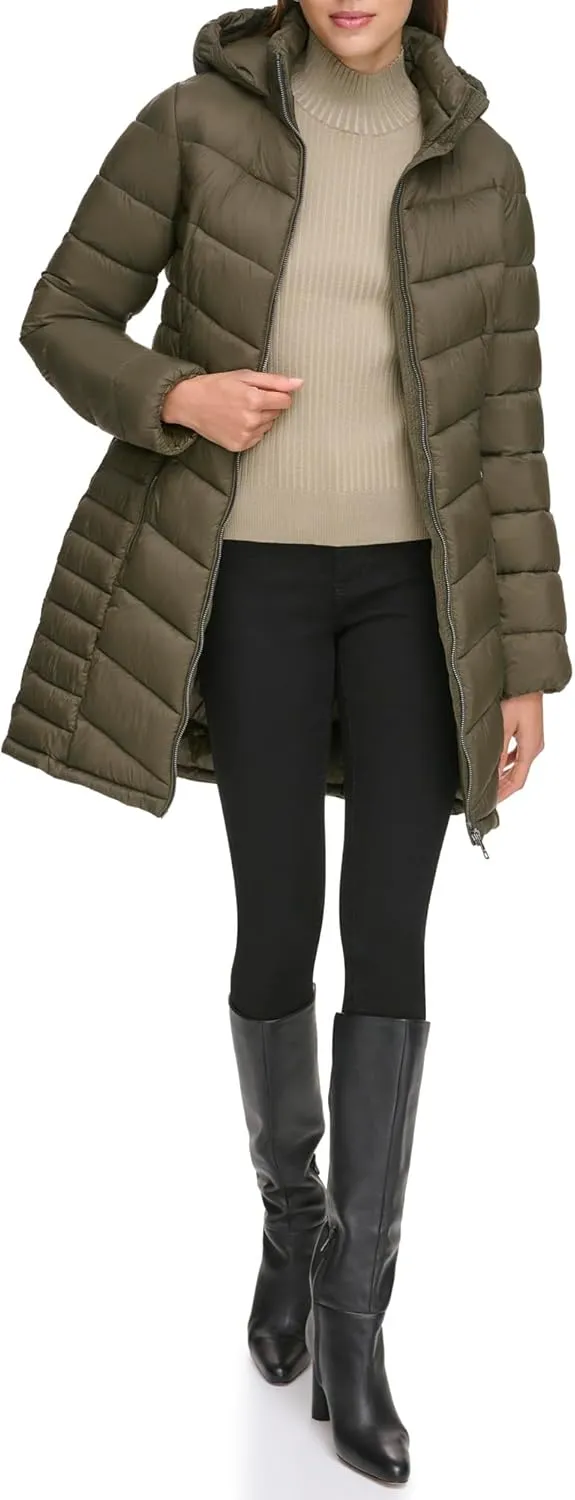 DKNY Womens Hooded Light-Weight Puffer