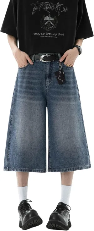 DOSLAVIDA Jean Shorts Men Baggy Jorts Casual Capri Denim Shorts Y2k Loose Long Jorts Vintage Fashion