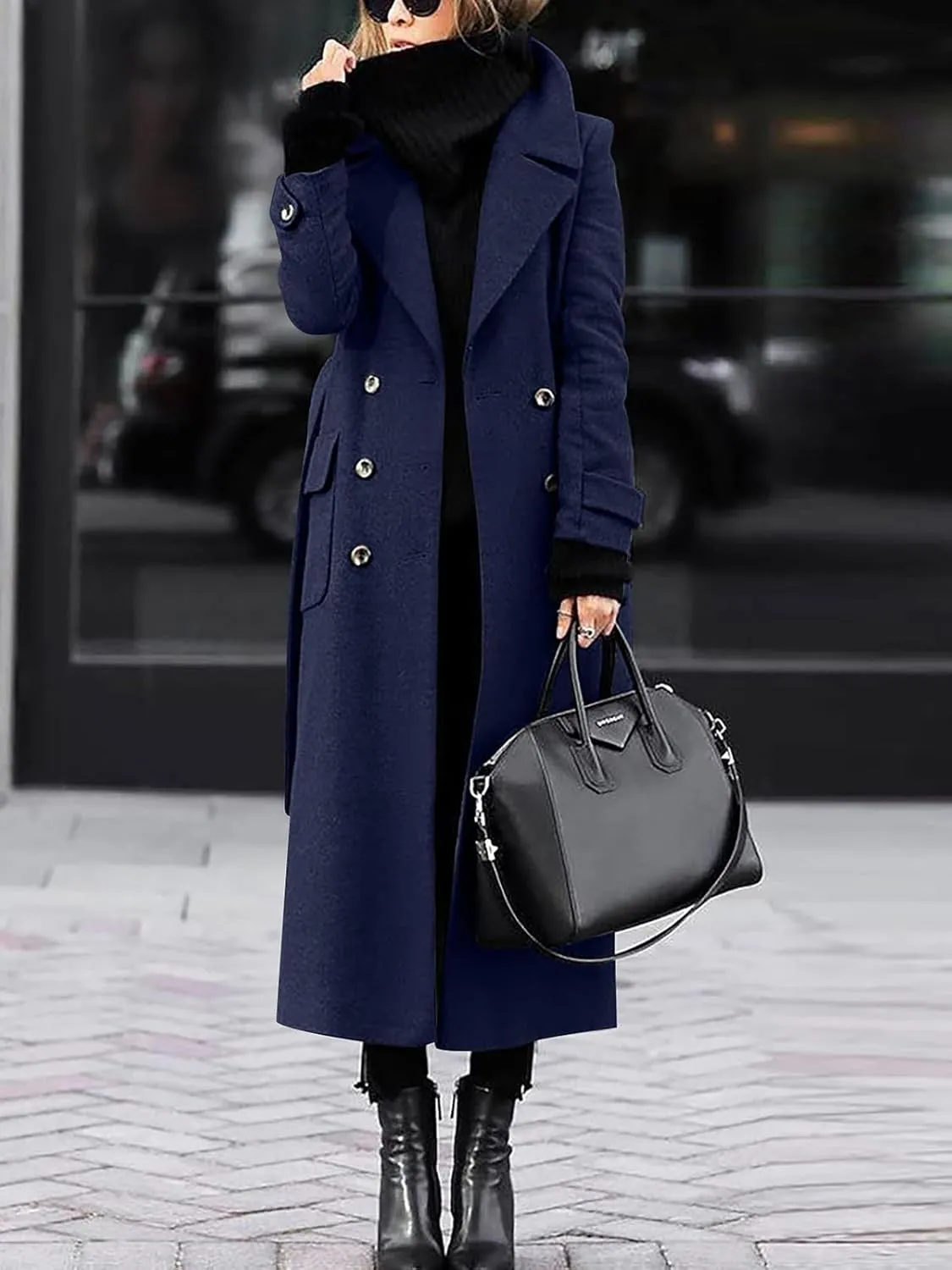 ebossy Womens Winter Double Breasted Wool Coat Elegant Notched Lapel Belted Maxi Long Pea Trench Coat