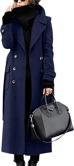 ebossy Womens Winter Double Breasted Wool Coat Elegant Notched Lapel Belted Maxi Long Pea Trench Coat