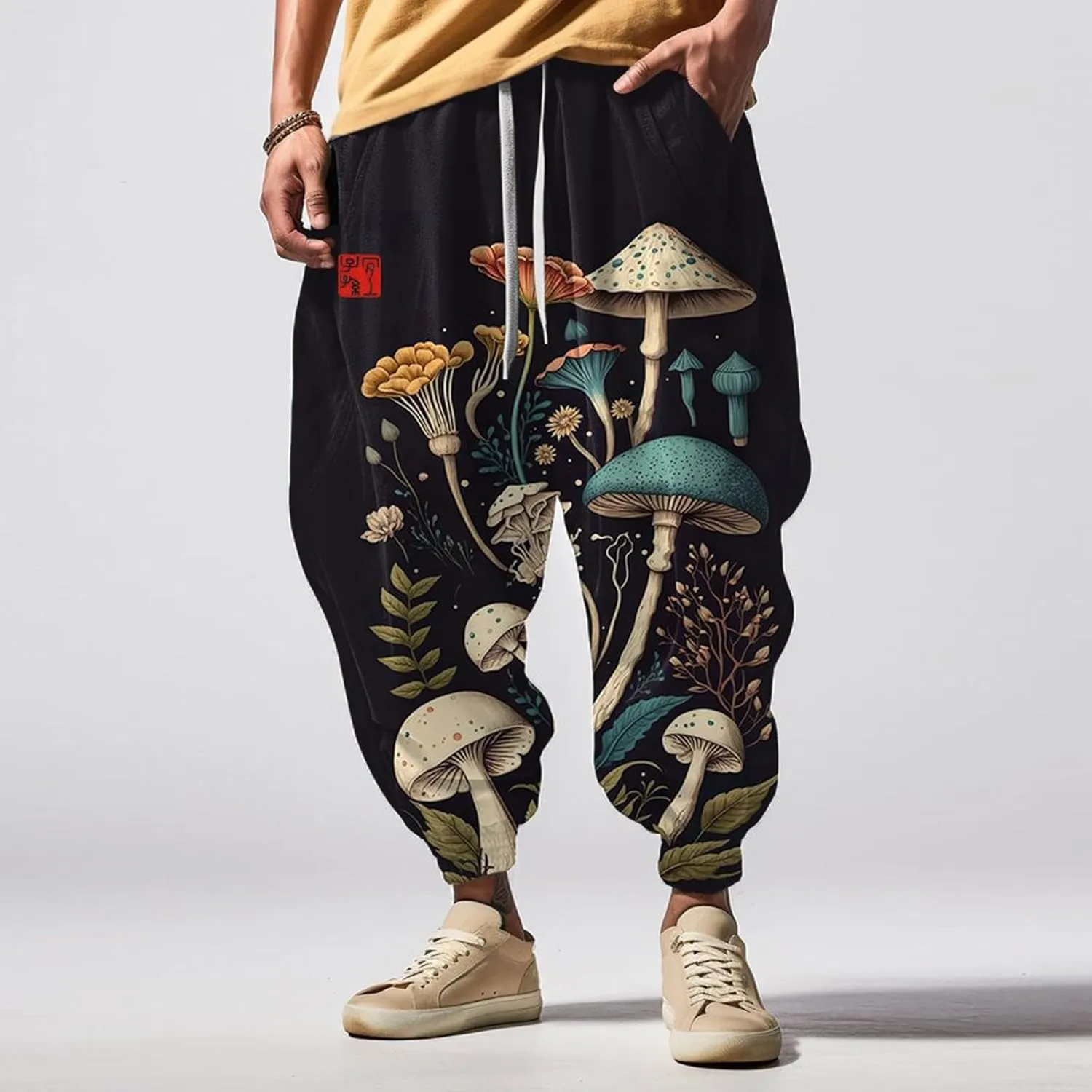 Elastic Waist Hippie Pant Cotton Casual Drawstring Men Elastic Waist with Elastic Waist Drawstring Yoga Jogger Pants
