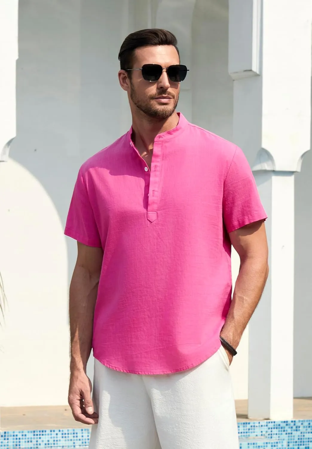 Enlision Mens Cotton Linen Henley Shirts Casual Short Sleeve Shirt Summer Beach Hippie Tshirt Band Collar Shirt for Men