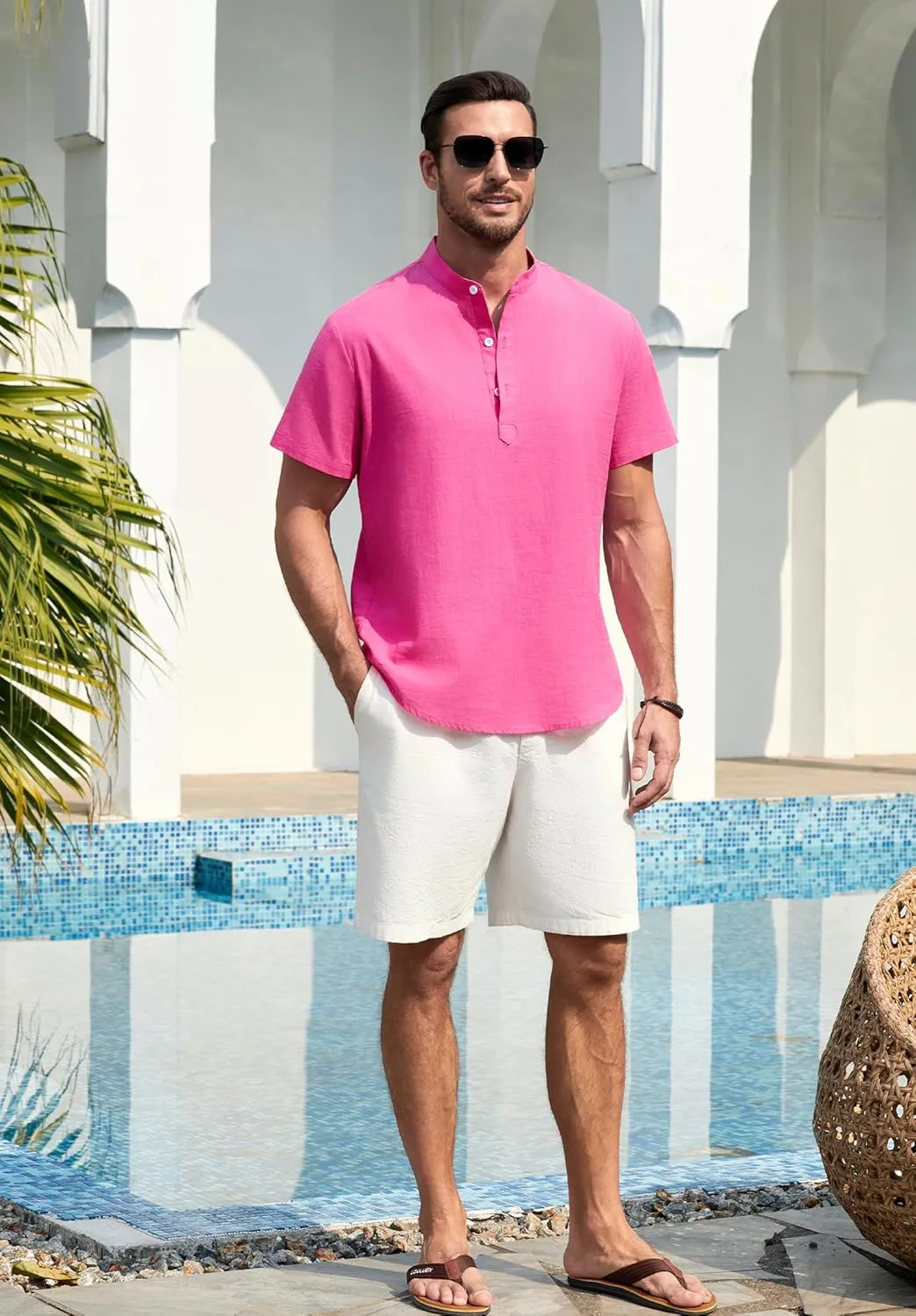 Enlision Mens Cotton Linen Henley Shirts Casual Short Sleeve Shirt Summer Beach Hippie Tshirt Band Collar Shirt for Men