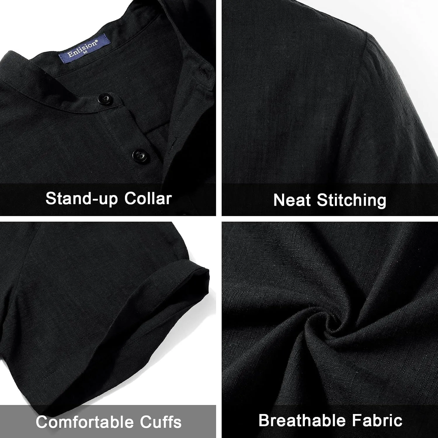 Enlision Mens Cotton Linen Henley Shirts Casual Short Sleeve Shirt Summer Beach Hippie Tshirt Band Collar Shirt for Men