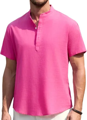 Enlision Mens Cotton Linen Henley Shirts Casual Short Sleeve Shirt Summer Beach Hippie Tshirt Band Collar Shirt for Men
