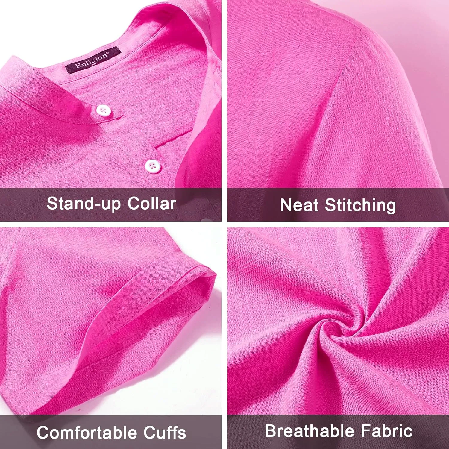 Enlision Mens Cotton Linen Henley Shirts Casual Short Sleeve Shirt Summer Beach Hippie Tshirt Band Collar Shirt for Men