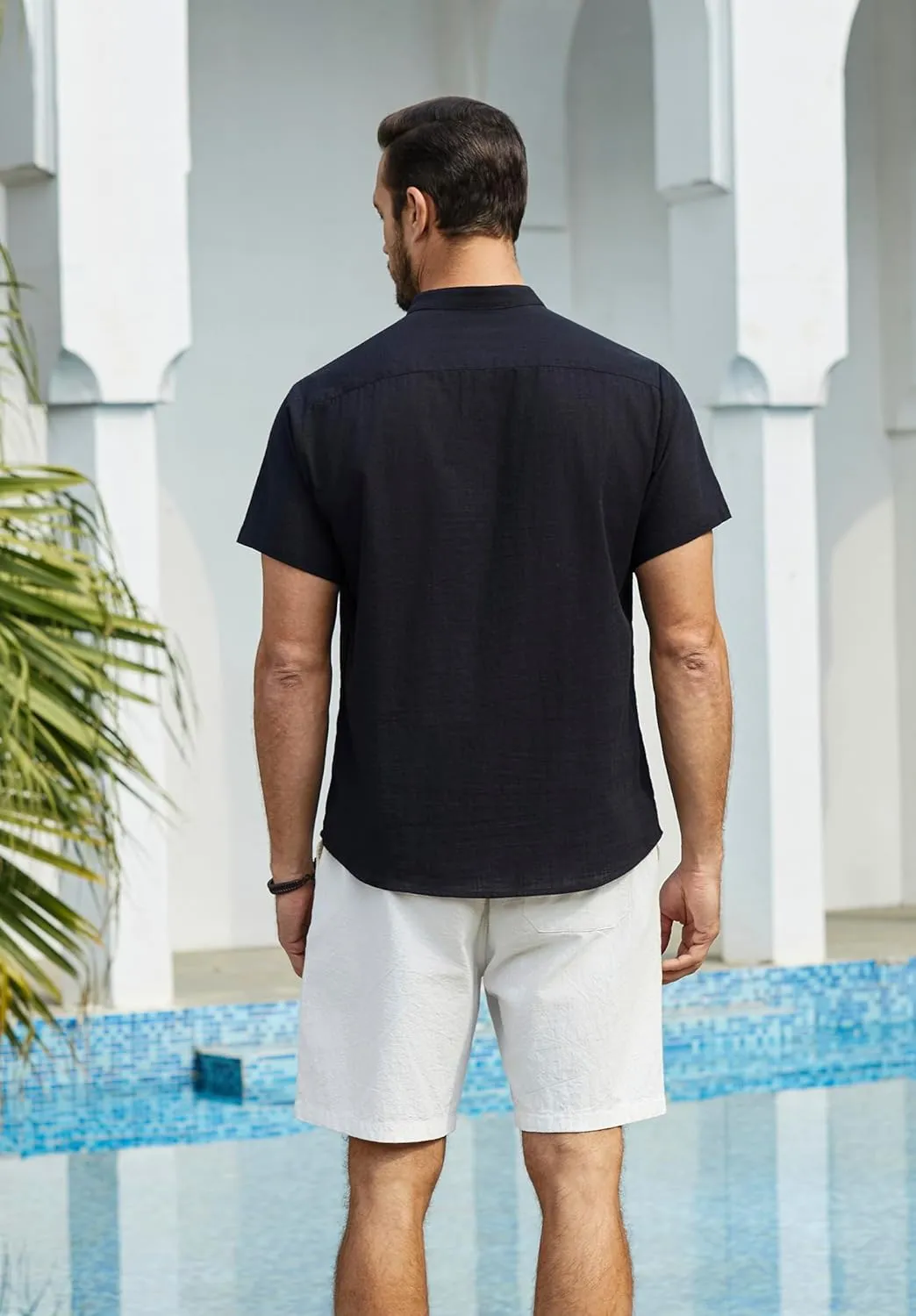Enlision Mens Cotton Linen Henley Shirts Casual Short Sleeve Shirt Summer Beach Hippie Tshirt Band Collar Shirt for Men