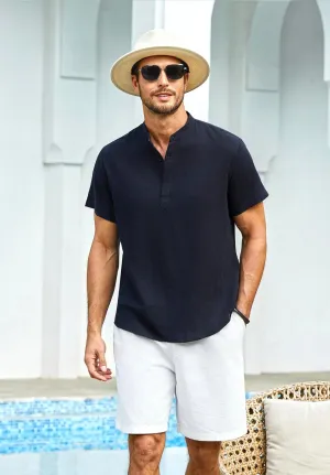 Enlision Mens Cotton Linen Henley Shirts Casual Short Sleeve Shirt Summer Beach Hippie Tshirt Band Collar Shirt for Men