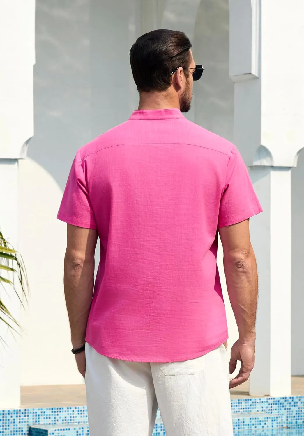 Enlision Mens Cotton Linen Henley Shirts Casual Short Sleeve Shirt Summer Beach Hippie Tshirt Band Collar Shirt for Men