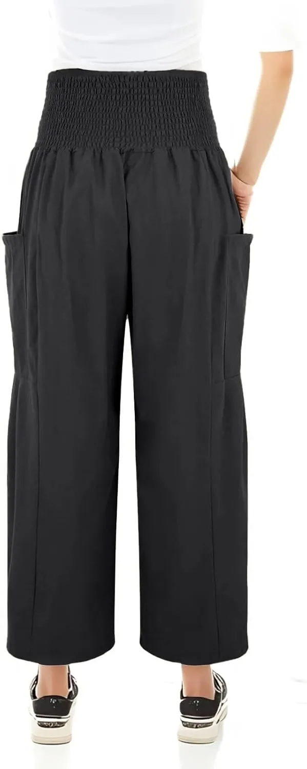 fanmpghleoo Linen Pants Women Summer Smocked Elastic High Waisted Linen Joggers with Pockets Wide Leg Yoga Boho Harem Pants