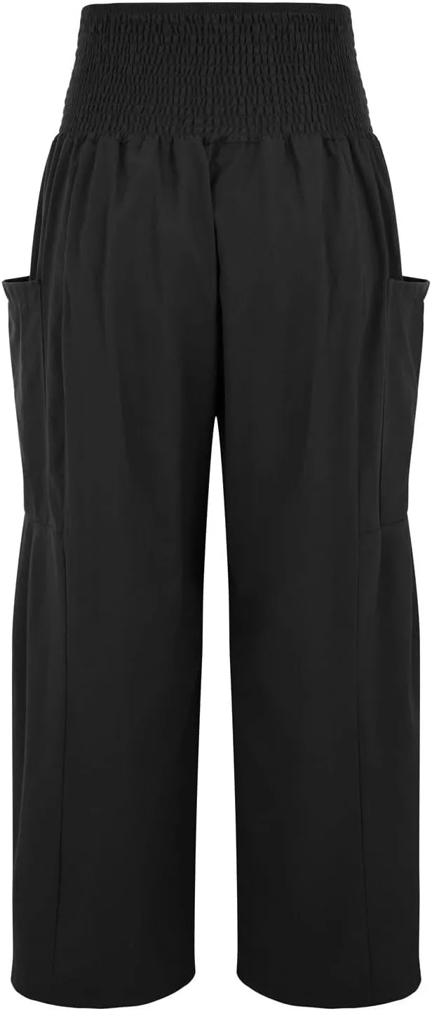 fanmpghleoo Linen Pants Women Summer Smocked Elastic High Waisted Linen Joggers with Pockets Wide Leg Yoga Boho Harem Pants
