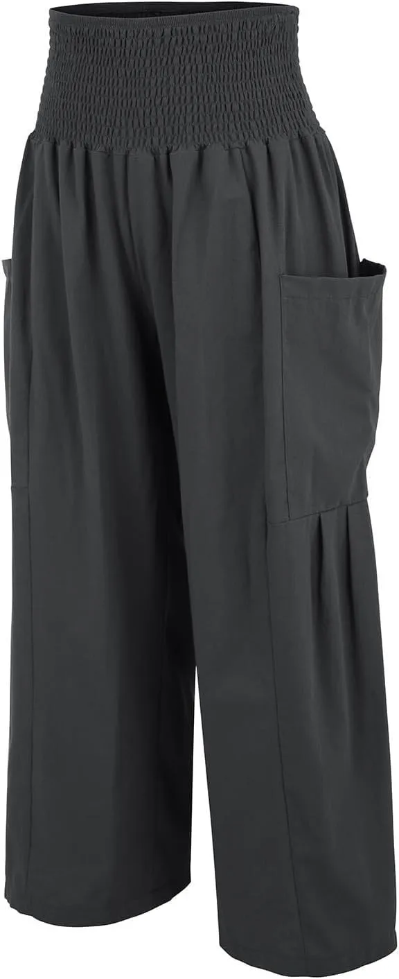 fanmpghleoo Linen Pants Women Summer Smocked Elastic High Waisted Linen Joggers with Pockets Wide Leg Yoga Boho Harem Pants