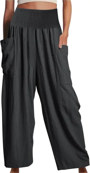fanmpghleoo Linen Pants Women Summer Smocked Elastic High Waisted Linen Joggers with Pockets Wide Leg Yoga Boho Harem Pants