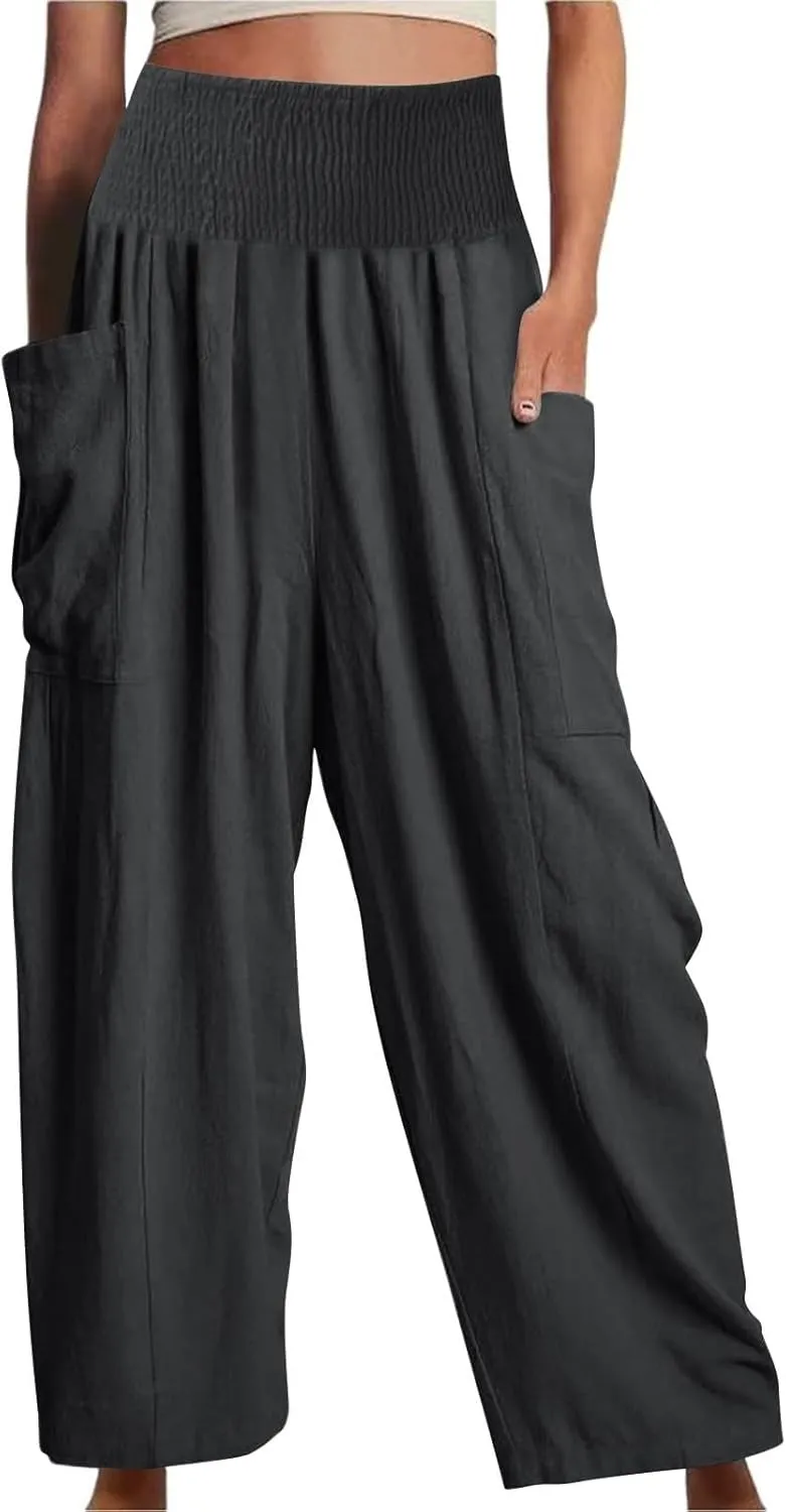 fanmpghleoo Linen Pants Women Summer Smocked Elastic High Waisted Linen Joggers with Pockets Wide Leg Yoga Boho Harem Pants