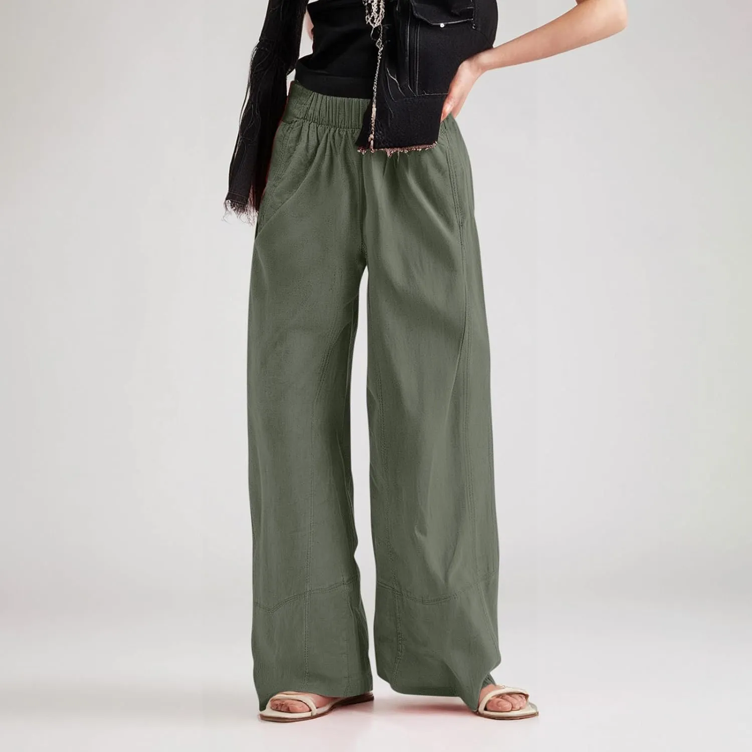 fanmpghleoo Wide Leg Linen Pants for Women Elastic High Waisted Palazzo Pants Summer Beach Travel Linen Trousers with Pockets