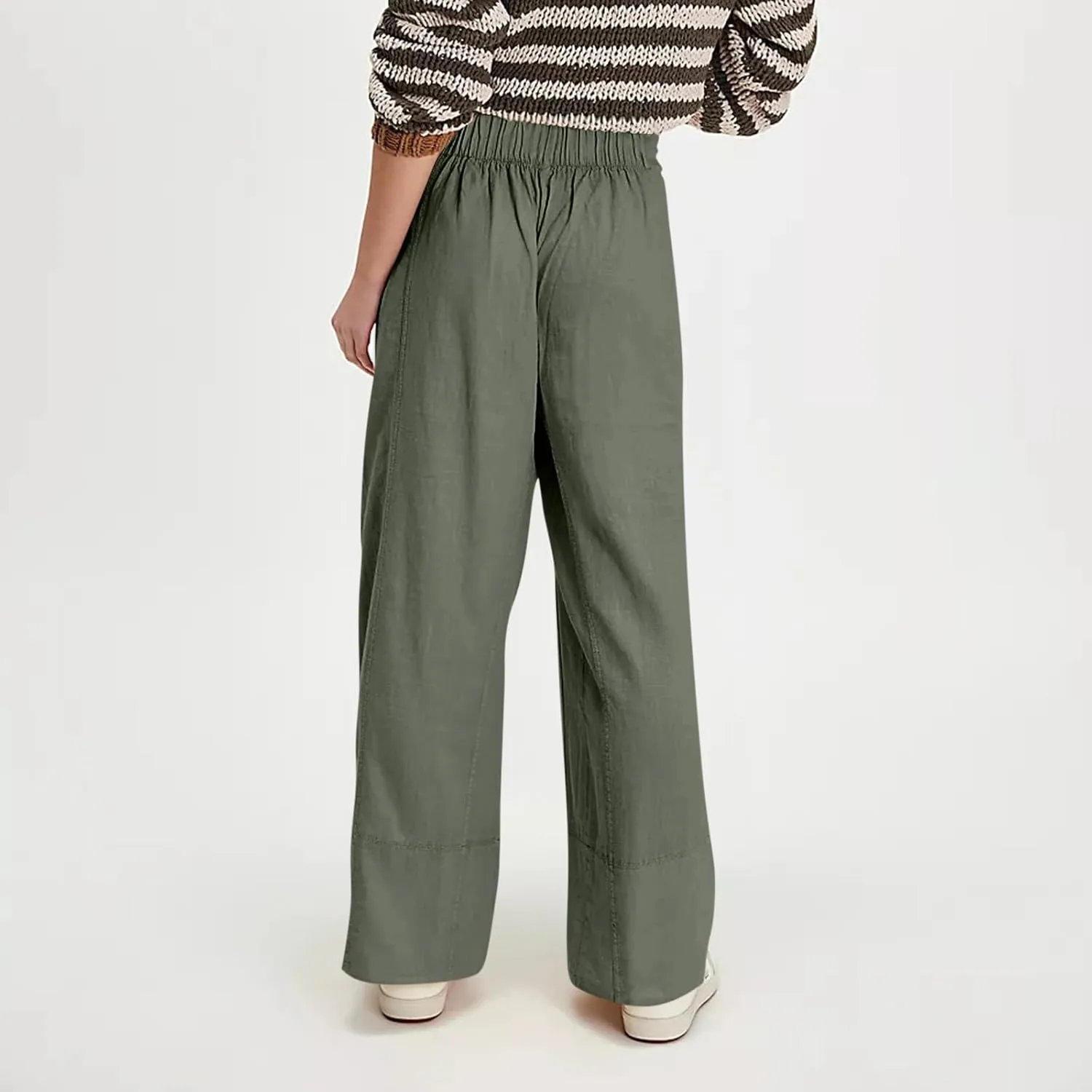 fanmpghleoo Wide Leg Linen Pants for Women Elastic High Waisted Palazzo Pants Summer Beach Travel Linen Trousers with Pockets