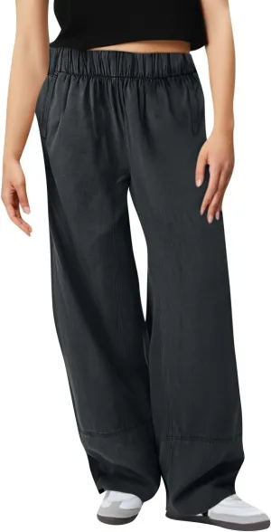 fanmpghleoo Wide Leg Linen Pants for Women Elastic High Waisted Palazzo Pants Summer Beach Travel Linen Trousers with Pockets