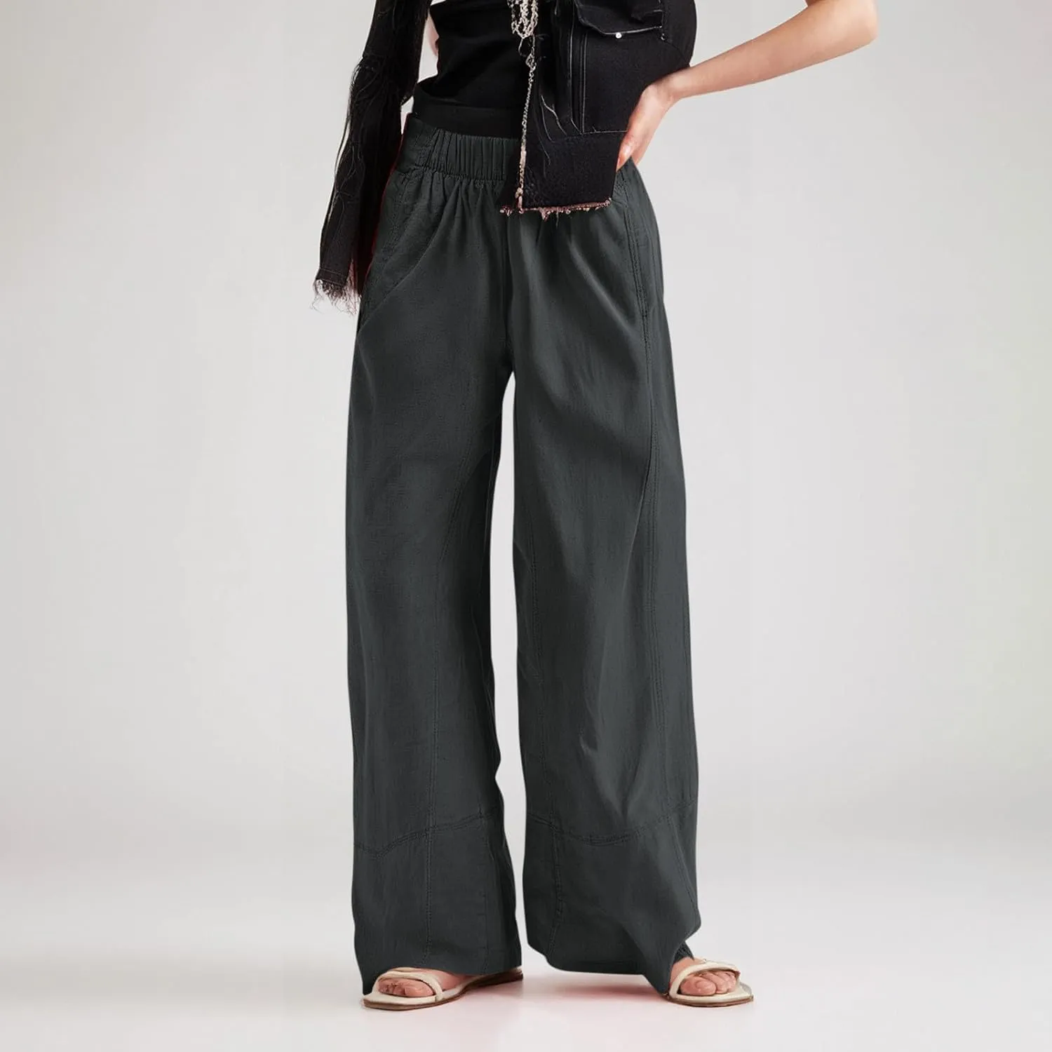 fanmpghleoo Wide Leg Linen Pants for Women Elastic High Waisted Palazzo Pants Summer Beach Travel Linen Trousers with Pockets