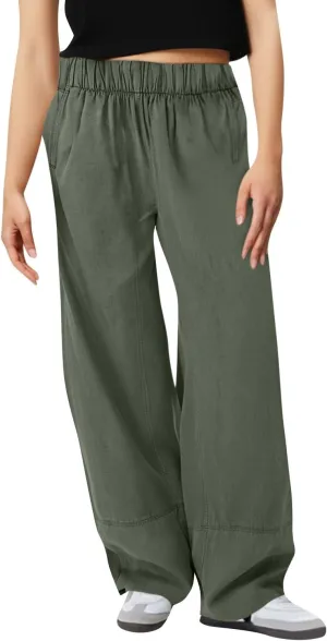 fanmpghleoo Wide Leg Linen Pants for Women Elastic High Waisted Palazzo Pants Summer Beach Travel Linen Trousers with Pockets