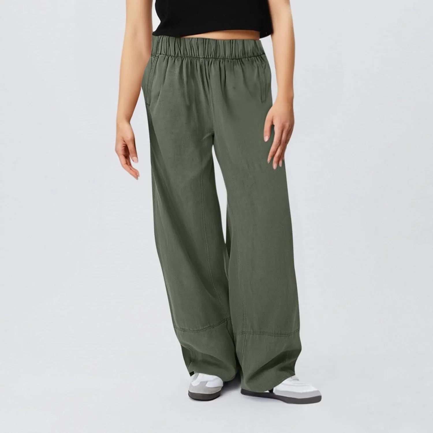 fanmpghleoo Wide Leg Linen Pants for Women Elastic High Waisted Palazzo Pants Summer Beach Travel Linen Trousers with Pockets