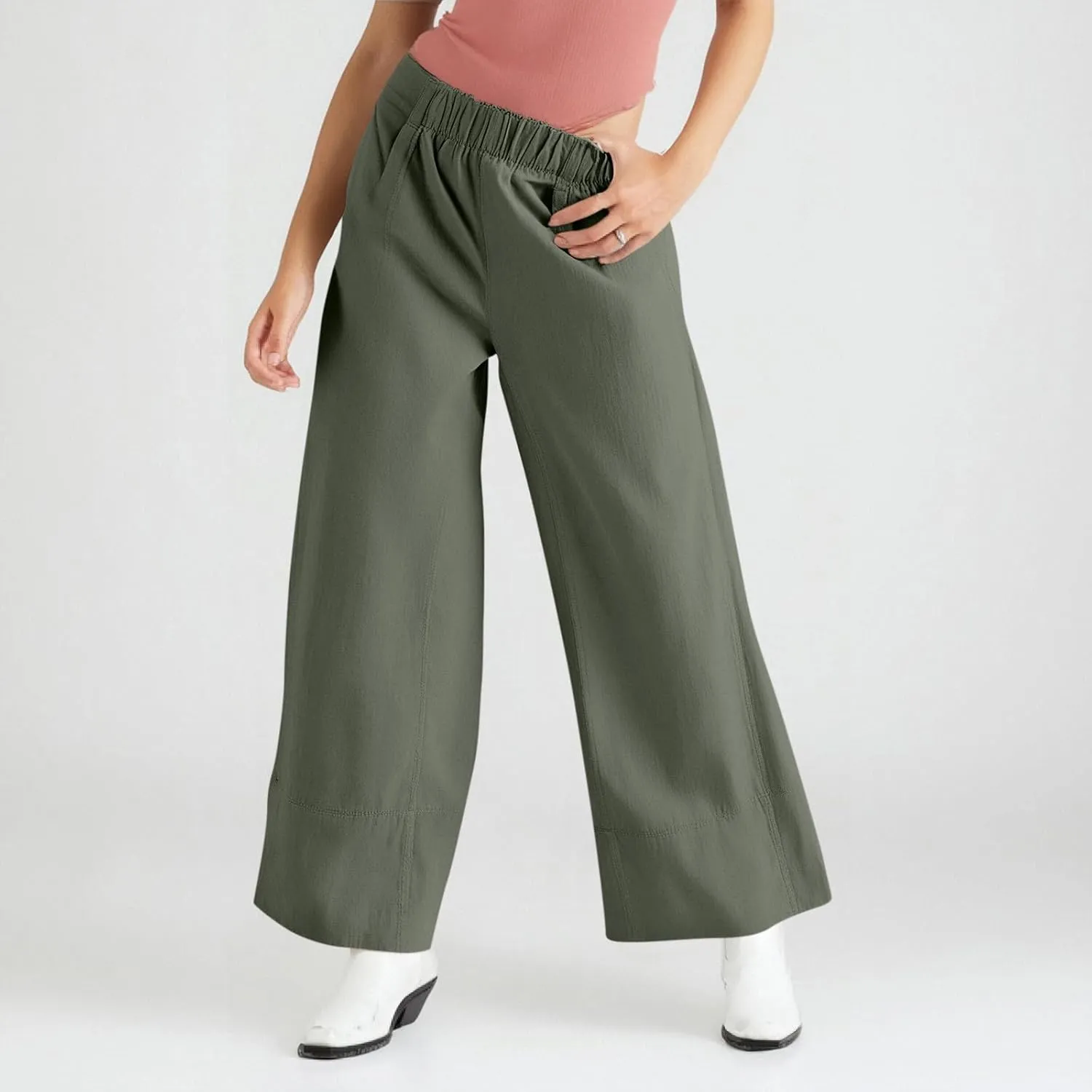 fanmpghleoo Wide Leg Linen Pants for Women Elastic High Waisted Palazzo Pants Summer Beach Travel Linen Trousers with Pockets