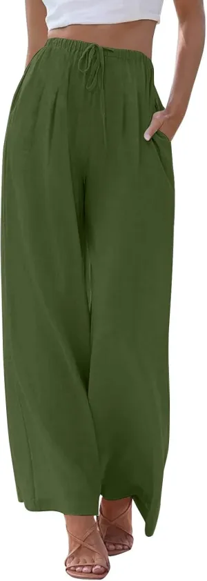 fanmpghleoo Wide Leg Palazzo Pants for Women Casual Drawstring Linen Pants Summer High Waisted Linen Trousers with Pockets