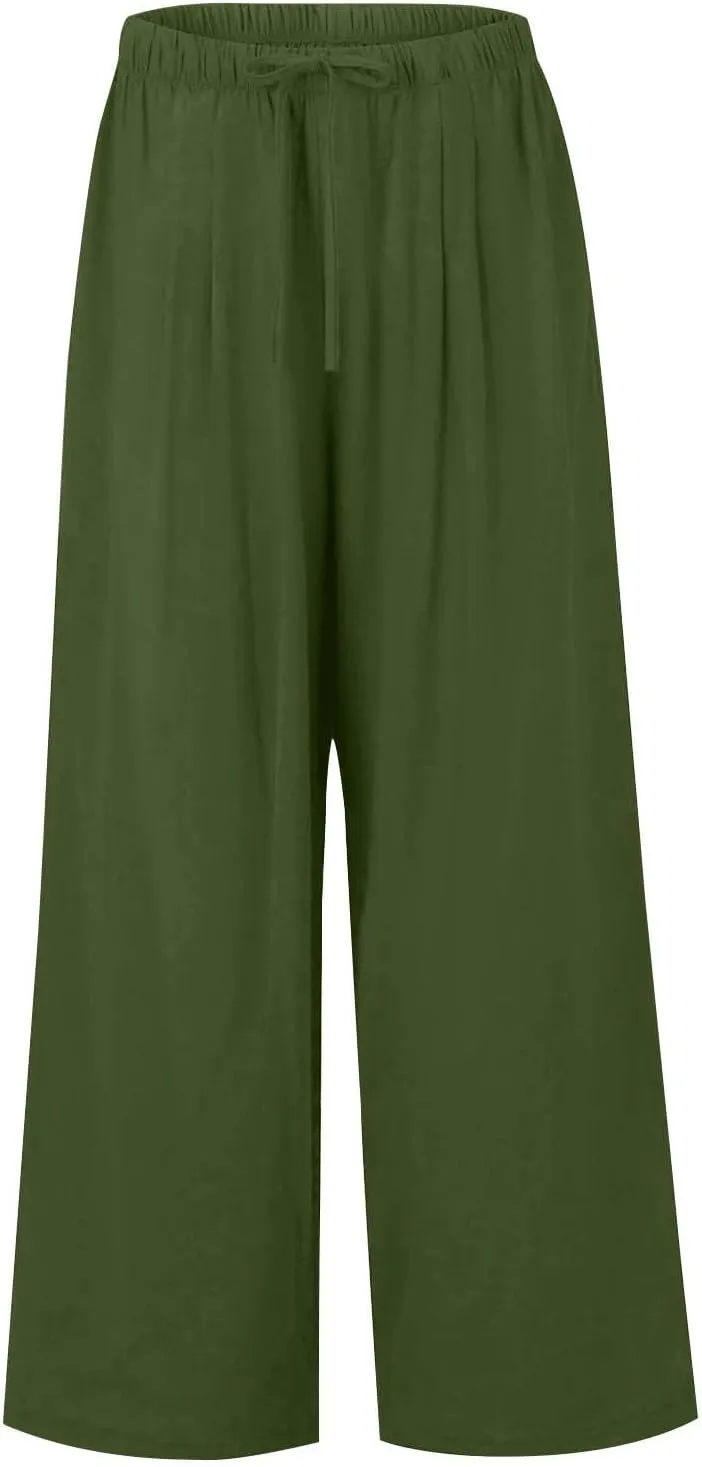fanmpghleoo Wide Leg Palazzo Pants for Women Casual Drawstring Linen Pants Summer High Waisted Linen Trousers with Pockets