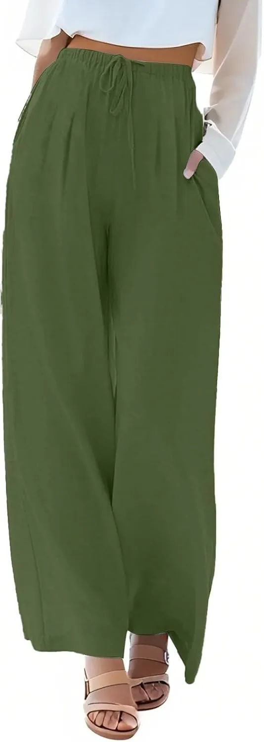 fanmpghleoo Wide Leg Palazzo Pants for Women Casual Drawstring Linen Pants Summer High Waisted Linen Trousers with Pockets