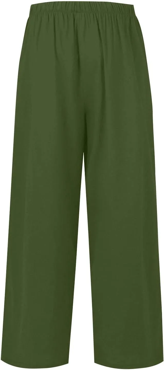 fanmpghleoo Wide Leg Palazzo Pants for Women Casual Drawstring Linen Pants Summer High Waisted Linen Trousers with Pockets