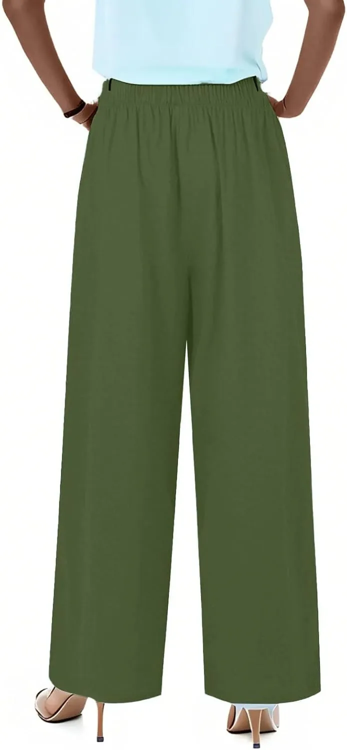 fanmpghleoo Wide Leg Palazzo Pants for Women Casual Drawstring Linen Pants Summer High Waisted Linen Trousers with Pockets
